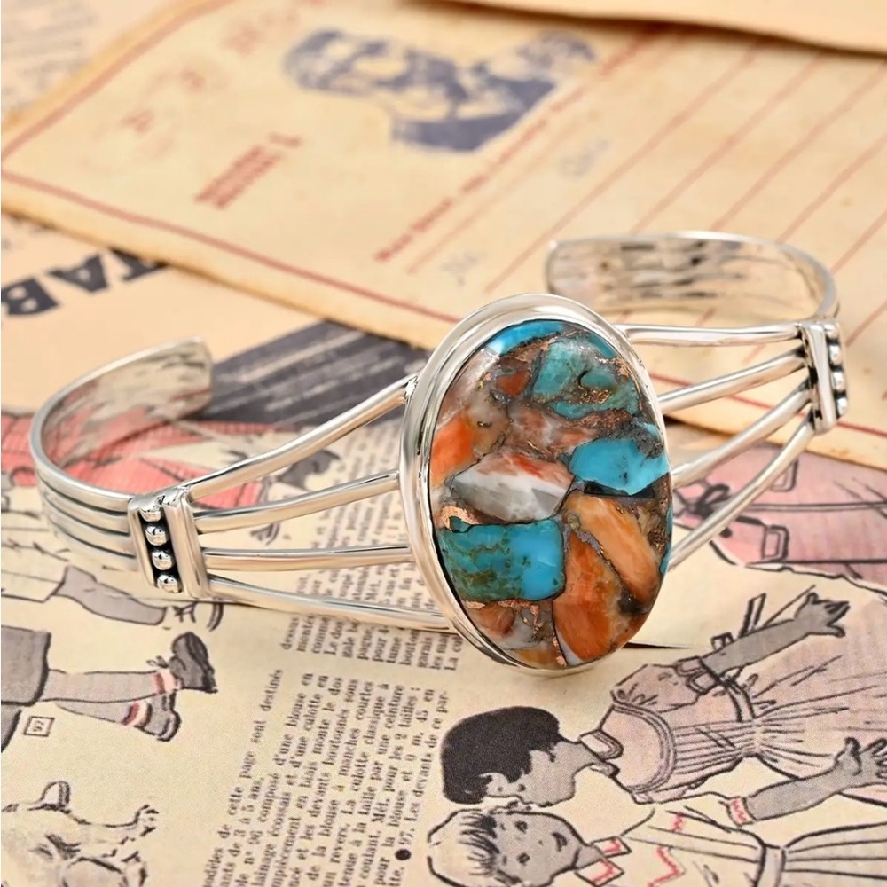 Santa Fe Style Spiny Turquoise Cuff Bracelet in Sterling Silver.  NWT